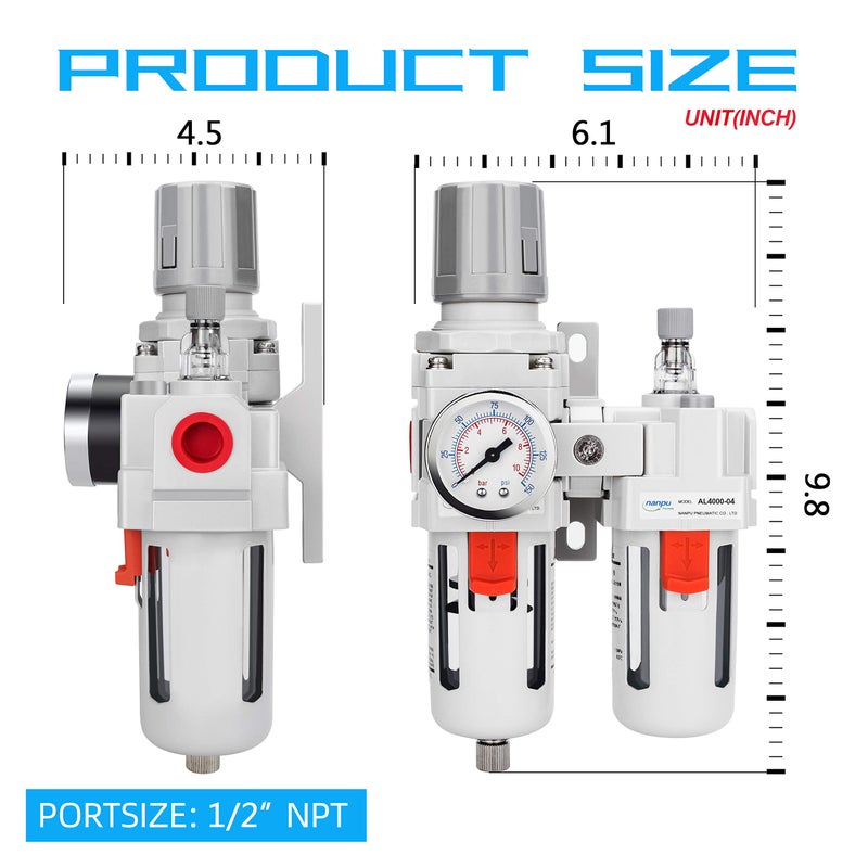 NANPU 1/2" NPT Compressed Air Filter Regulator Lubricator Combo Water/Oil Trap Separator - Gauge(0-150 psi), Poly Bowl, Semi-Auto Drain, Bracket - 3 in 1 Two Unit - Image 3